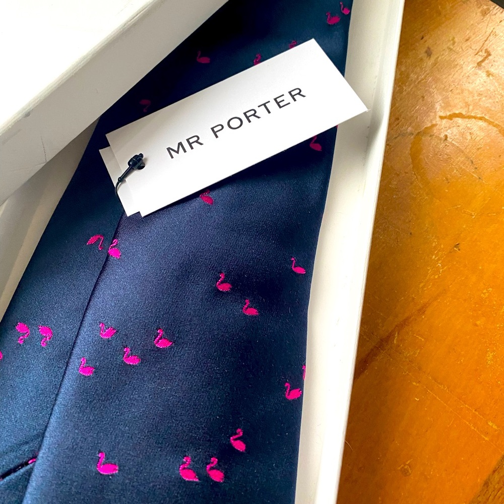 MR PORTER tie blue with pink swans men’s accessories preppy🌷Spring men’s tie
